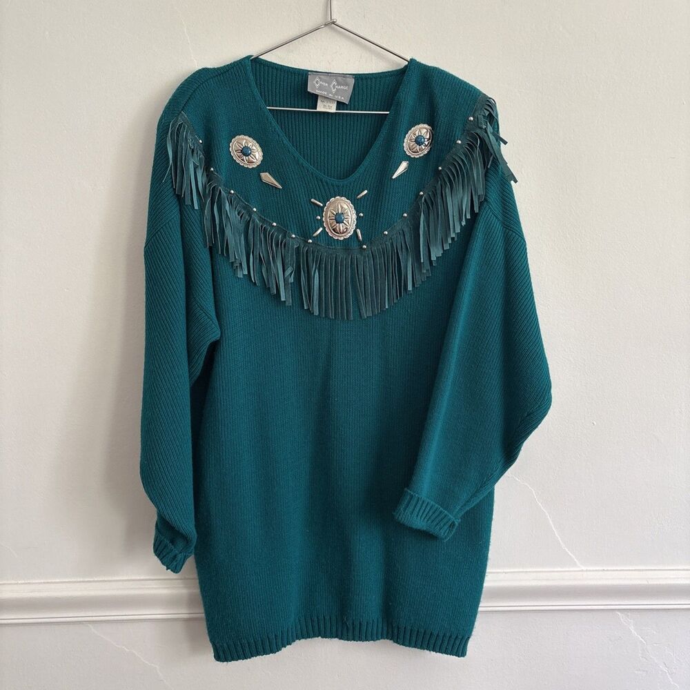 Vintage Cover Charge Turquoise Fringe Sweater Southwest‎ Silver Accents USA made